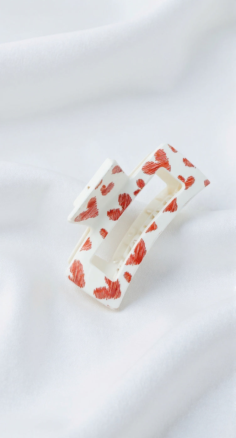Claw Clip - White with Red Hearts