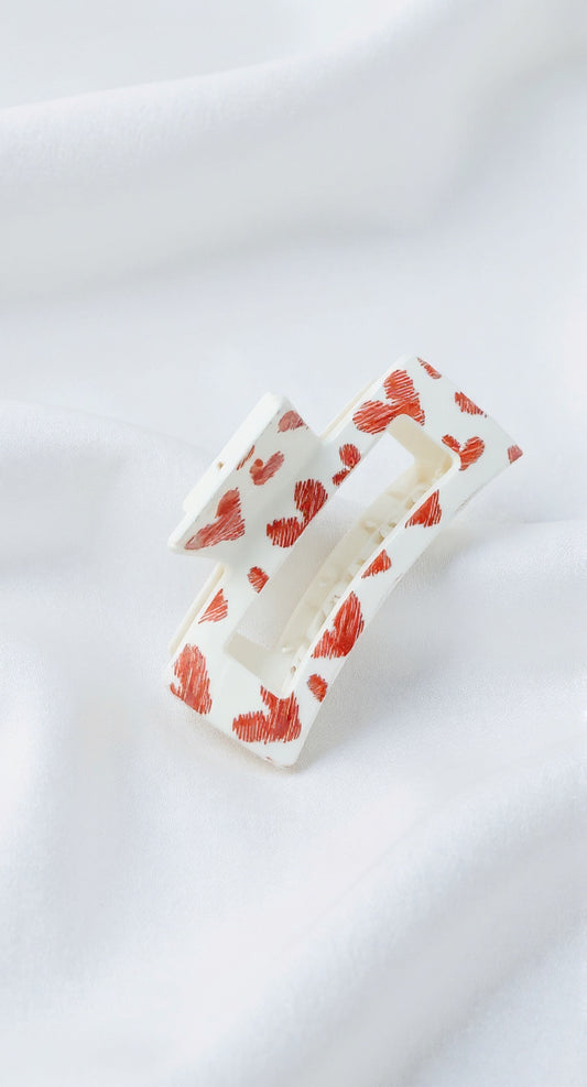 Claw Clip - White with Red Hearts