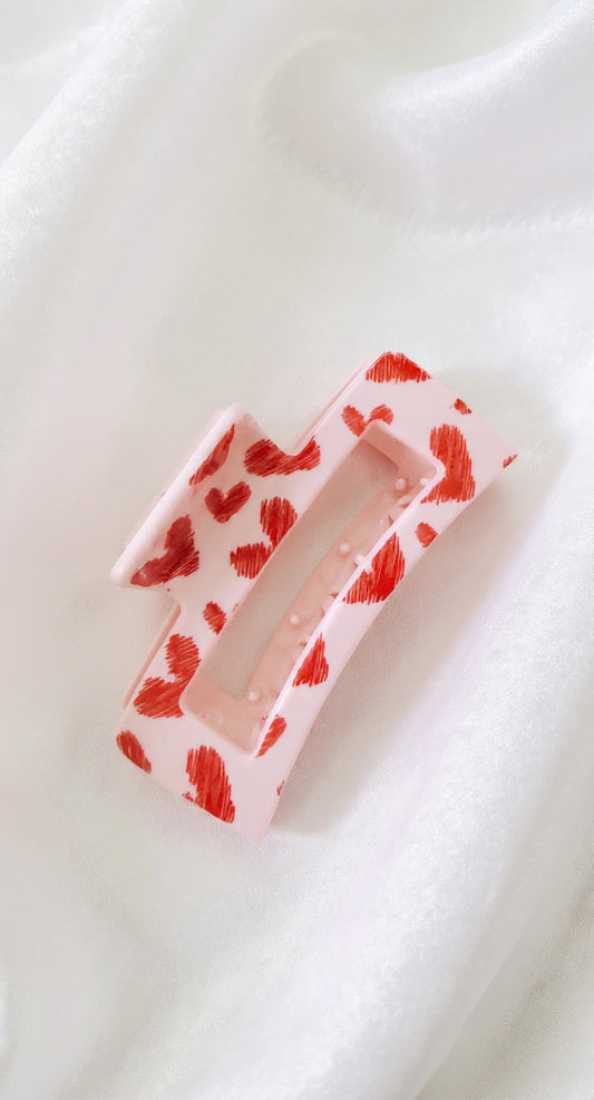 Claw Clip - Pink with Red Hearts