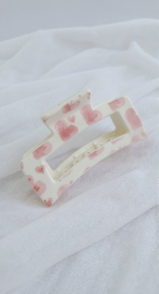 Claw Clip - White with Pink Hearts