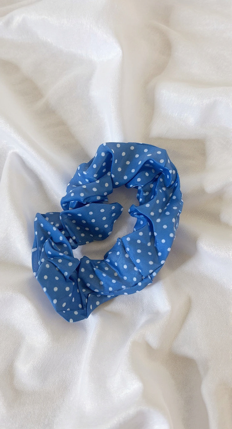Scrunchies -  Blue With White Polka dots Pattern