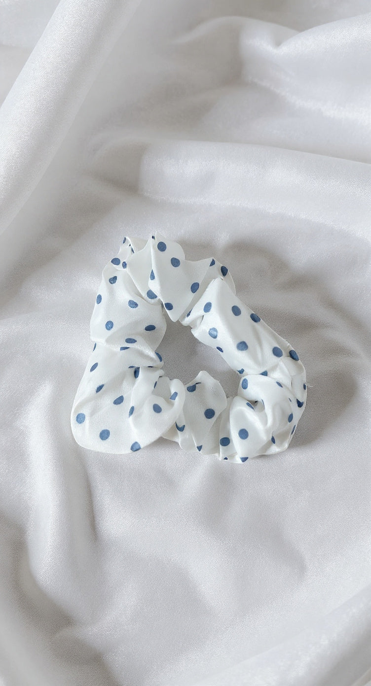 Scrunchies -  White With Blue Polka dots Pattern